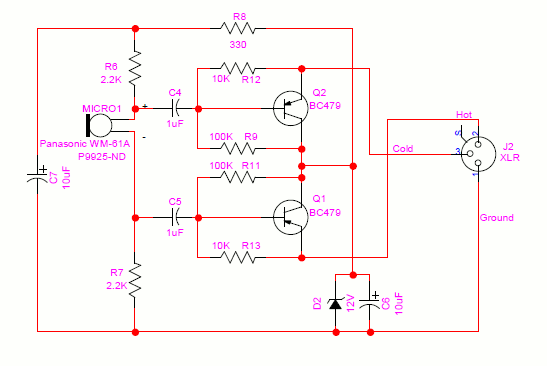 Balanced electret microphone circuit