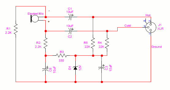 Balanced electret microphone circuit