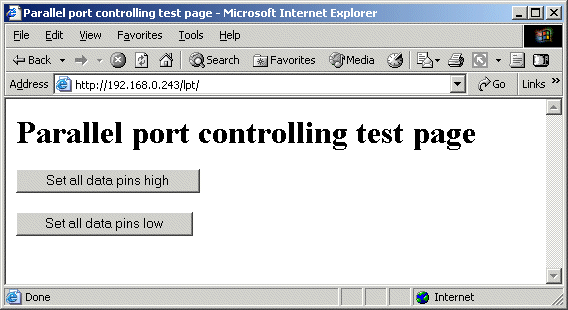Web browser view of controlling page
